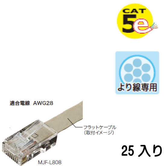 カテゴリー5モジュラープラグ（フラットケーブル用）適合電線 AWG28 MJF-L808 25入り