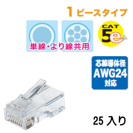 カテゴリー5e モジュラープラグ（単線・より線共用タイプ） M5E-1P-855 25入り