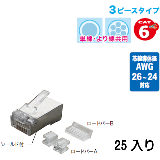 カテゴリー6 モジュラープラグ(単線・より線共用タイプ)シールド付3ピースタイプ M6-3P-865S 25入り