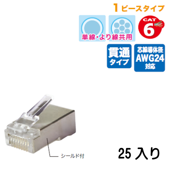 カテゴリー6 モジュラープラグ（シールド付・貫通タイプ） MJHA-808STC 25入り