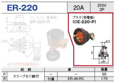 露出型コネクタ(防雨型) ER-220 プラグ（受電側）ER-220-P