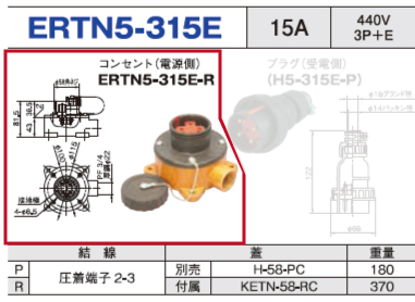 露出型コネクタ(防雨型) ERTN5-315E コンセント（電源側）ERTN5-315E-R