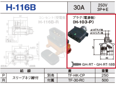 平型安全コネクタ H-116B プラグ（電源側）H-116B-P