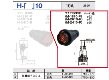 制御用多極型コネクタ H-1810 プラグ（受電側）H-1810-P