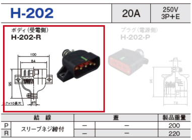 平型安全コネクタ H-202 ボディ（受電側）H-202-R