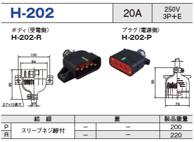 平型安全コネクタ H-202 ボディ プラグ セットH-202-R,H-202-P