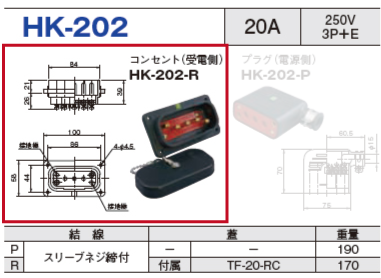 平型安全コネクタ HK-202 コンセント（受電側）HK-202-R