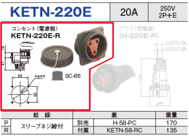 埋込型コネクタ KETN-220E コンセント（電源側）KETN-220E-R