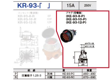 制御用多極型コネクタ KR-90-12 プラグ（受電側）KR-93-12-P