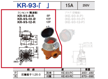 制御用多極型コネクタ KR-90-12 コンセント（電源側）KR-93-12-R