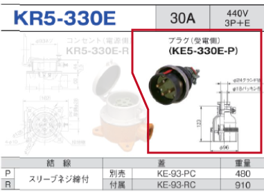 露出型コネクタ(防滴型) KR5-330E プラグ（受電側）KR5-330E-P