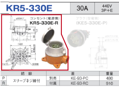 露出型コネクタ(防滴型) KR5-330E コンセント（電源側）KR5-330E-R