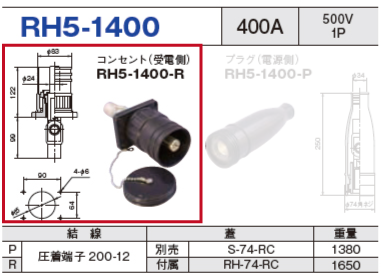 単極型コネクタ RH5-1400 コンセント（受電側）RH5-1400-R